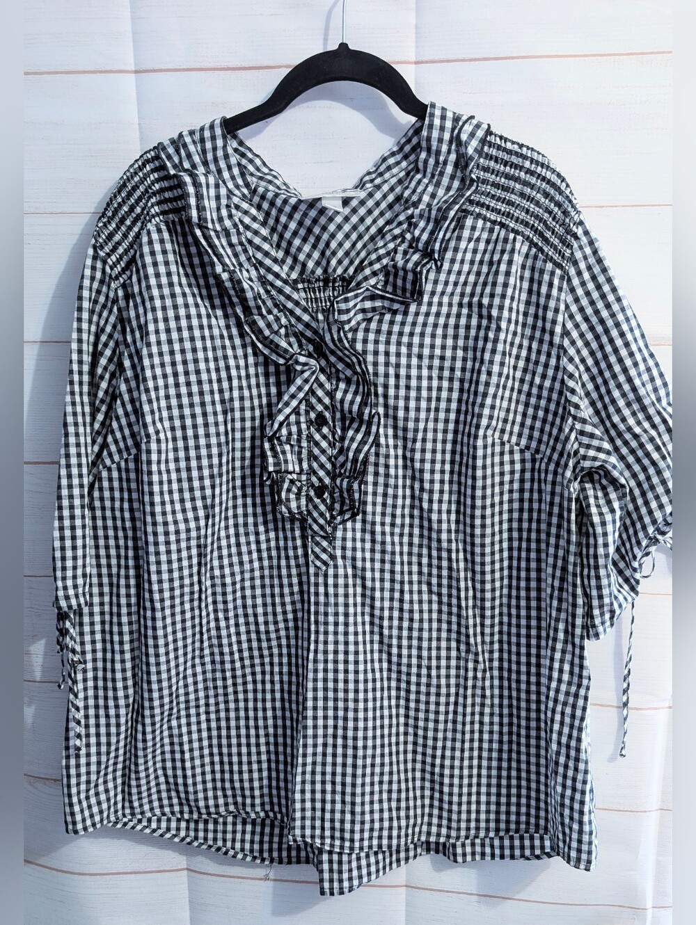 🆕 Dressbarn Black & White Gingham Ruffle Neck Blouse Plus Size 2X
